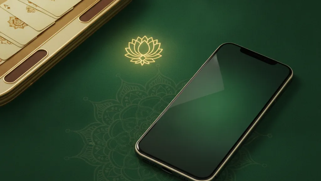 A smartphone showing a classic 13-card rummy table on green felt beside a golden heritage emblem and playing cards, illustrating an A23 Ace2Three review