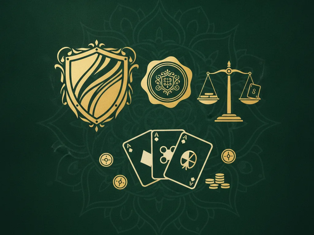 A golden shield, a certificate seal and a balance scale beside playing cards and coins on green felt, representing long-standing trust for a rummy platform