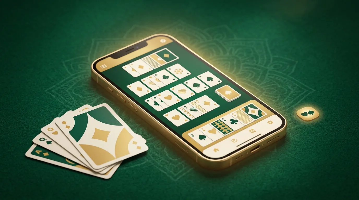 A smartphone showing a clean, simple 13-card rummy table on green felt with neatly fanned playing cards, illustrating the ABC Rummy app