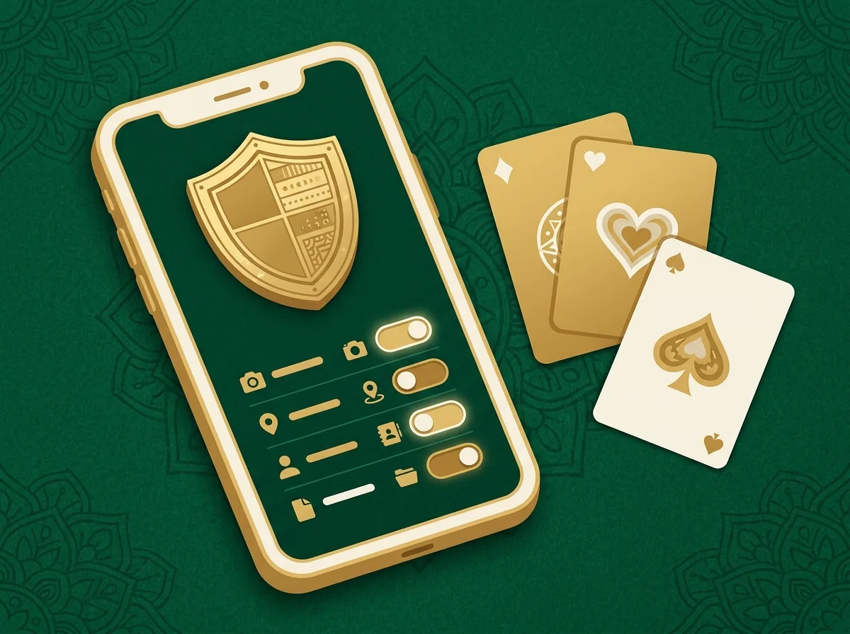 A smartphone showing a golden security shield and a list of permission toggle switches beside playing cards on green felt
