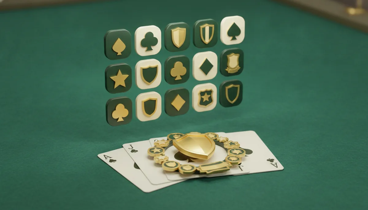 A directory of rummy card-game apps arranged on a green felt table with gold mandala patterns and fanned playing cards