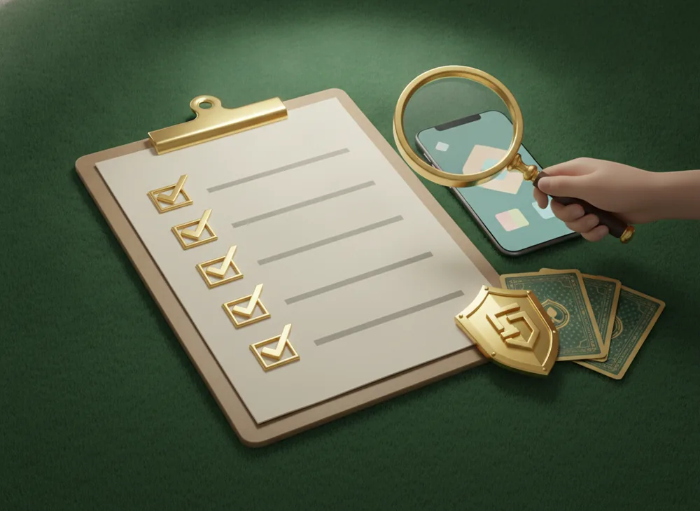 A safety checklist for rummy apps: a gold shield badge, a verification tick list and a magnifying glass over playing cards on green felt