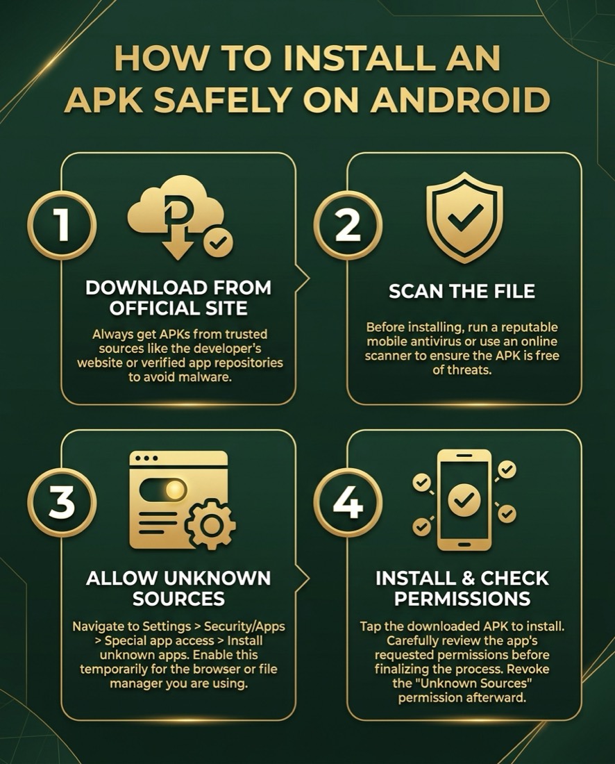 Four-step infographic: download from the official site, scan the file, allow unknown sources, install and check permissions