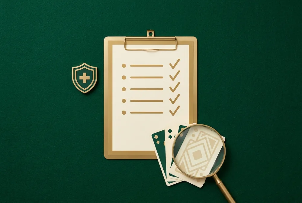 Review methodology: a gold checklist clipboard, a safety shield badge and a magnifying glass examining playing cards on green felt