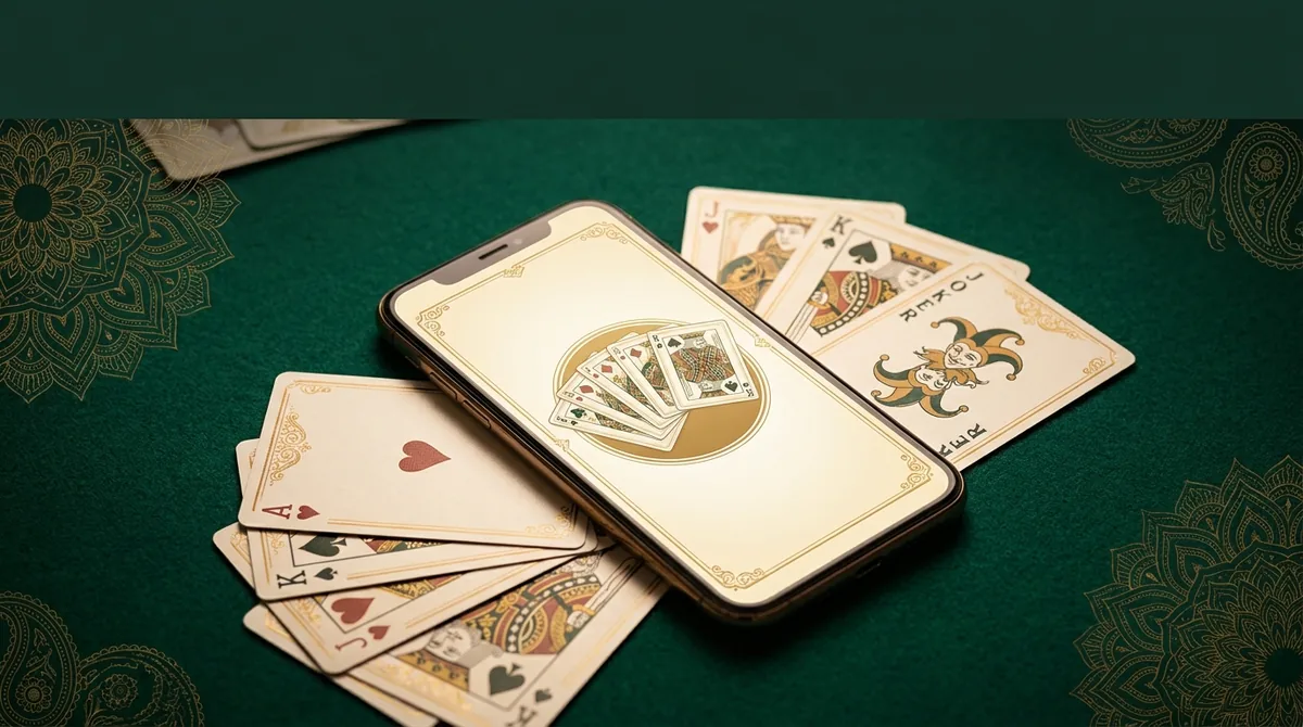 A smartphone showing a rummy card game on a green felt table with fanned playing cards and Indian gold mandala patterns
