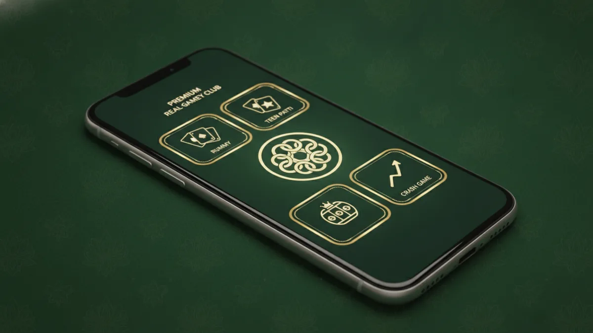 A smartphone showing a premium real-money games club lobby with a central emblem surrounded by rummy, teen patti, slot and crash game tiles