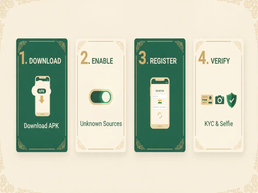 Four-step diagram: download the APK, allow unknown sources, register with mobile number, then KYC with PAN card and selfie