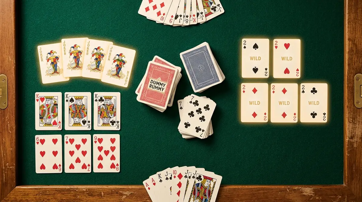 Dummy Rummy card game on green felt: two decks with four jokers and wild twos glowing gold, plus a melded set of three kings and a row of heart cards