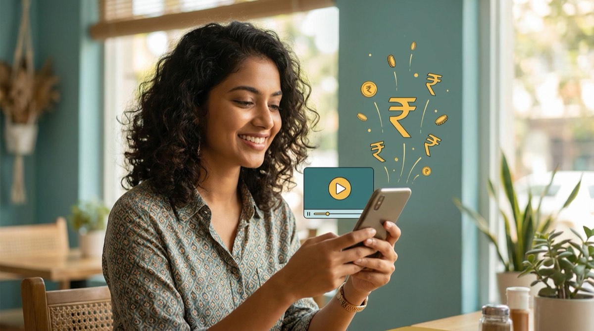 A young Indian woman smiling while watching a video on her phone with rupee coins floating up from the screen