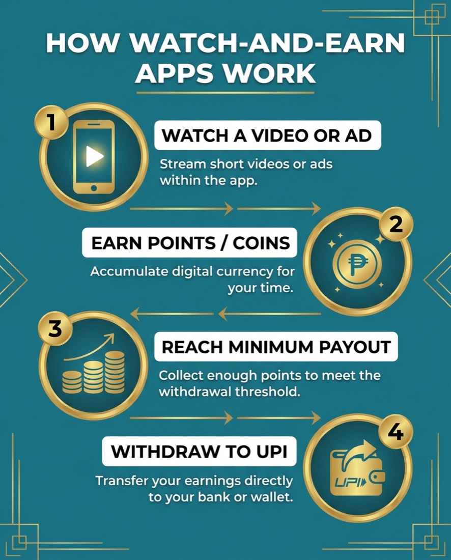 Four-step infographic: watch a video or ad, earn points or coins, reach minimum payout, withdraw to UPI