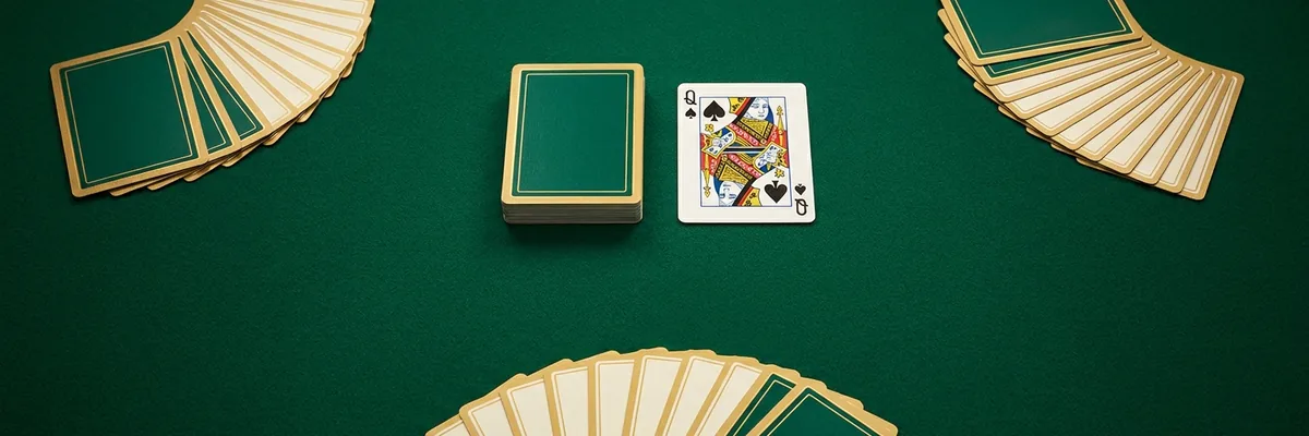 Three-player Gin Rummy table from above: three fanned hands of cards arranged in a triangle around a face-down stock pile and a face-up discard card on green felt