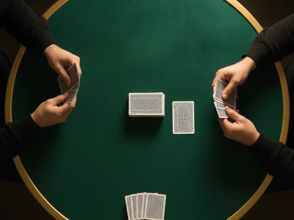 Three-player Gin Rummy rotation diagram: three players A, B and C with arrows showing the winner stays at the table while the loser sits out and deals the next hand and the player who sat out rotates back in, winner-stays-on style