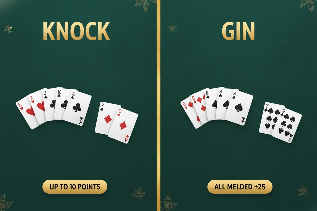 Side-by-side diagram: knocking with leftover cards worth up to 10 points, versus going gin with no leftover cards and a 25-point bonus