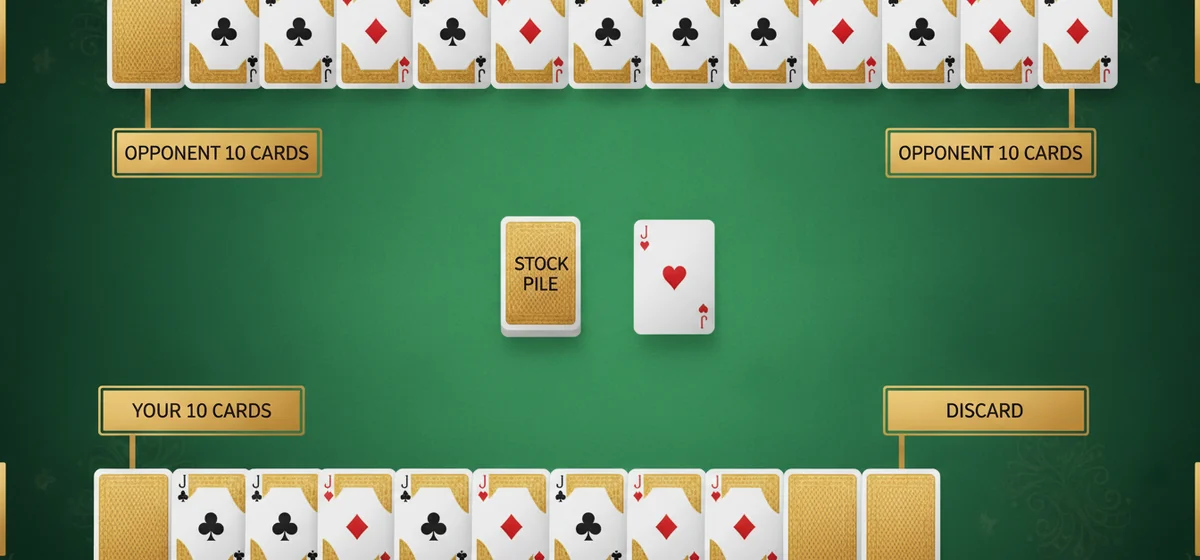 Gin Rummy table setup diagram: your 10 cards, opponent's 10 cards, a face-down stock pile in the centre and one face-up card starting the discard pile