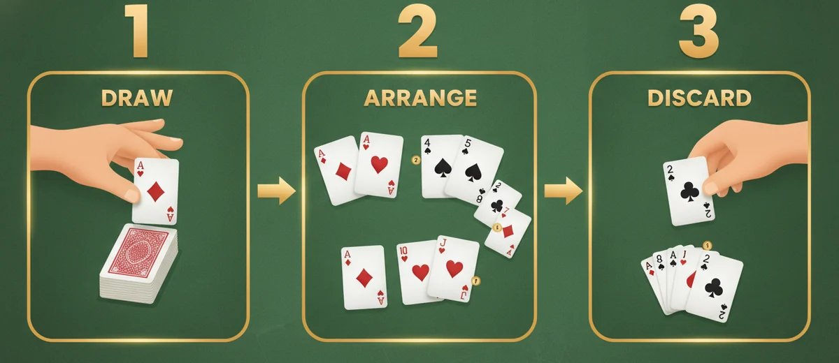 Three-step diagram of a Gin Rummy turn: 1 draw a card, 2 arrange your hand into sets and runs, 3 discard one card