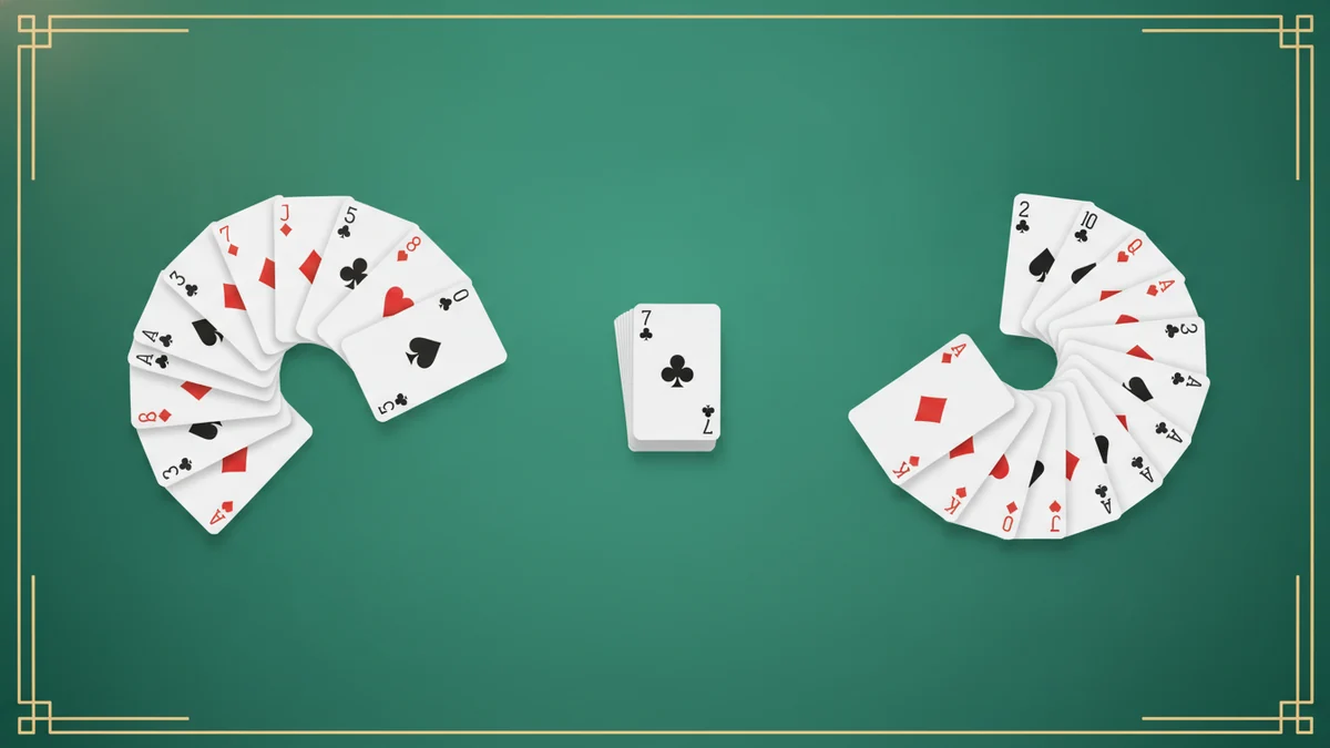 Two fanned hands of playing cards facing each other across a green felt table with a stock pile and one face-up card in the middle