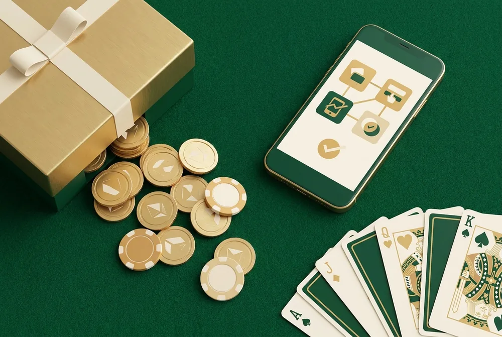 A gold gift box opening with coins and free chips spilling out next to a smartphone and playing cards on green felt