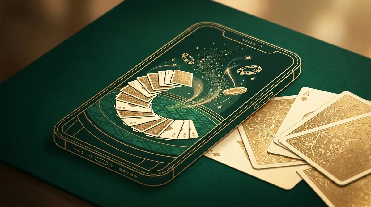 A smartphone tilted dynamically showing a lively rummy game on green felt with gold sparkles and flying chips
