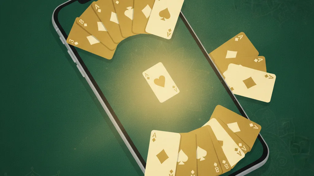 A smartphone showing a 13-card rummy table on green felt with a warm welcoming glow and fanned playing cards, illustrating the Hi Rummy app