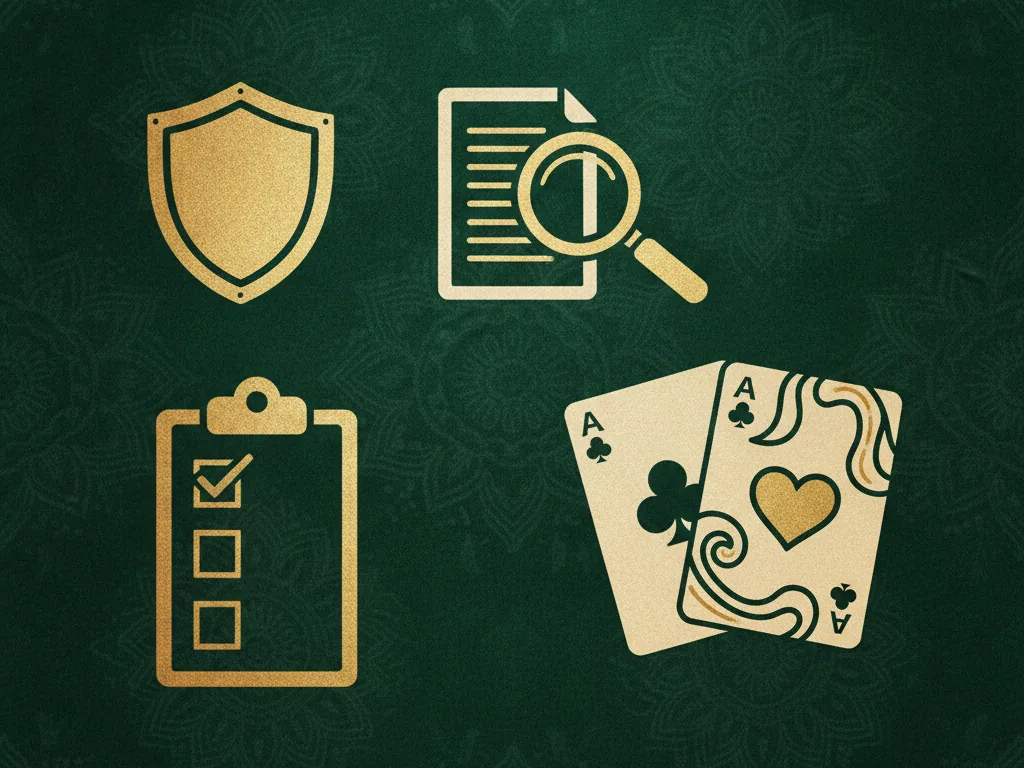A golden shield, a magnifying glass over a file and a permissions checklist beside playing cards on green felt, showing safety checks before installing a rummy app