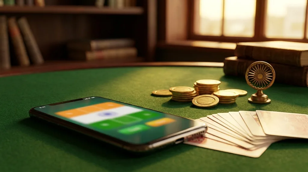 A smartphone on green felt showing a rummy lobby with saffron, white and green accents, beside fanned cards, golden coins and a brass wheel ornament