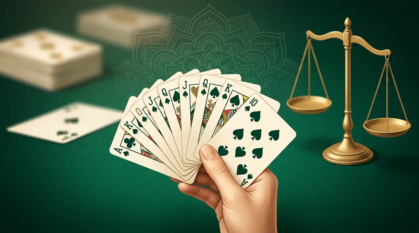 A hand holding a fanned set of rummy playing cards on a green felt table beside a golden balance scale of justice, symbolising rummy as a game of skill in Indian law