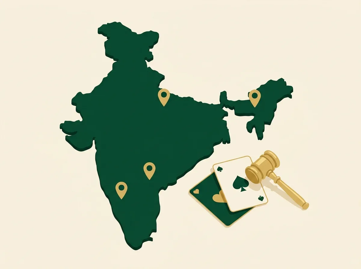 A green silhouette map of India with gold location pins and a small golden gavel beside two playing cards, illustrating that online rummy rules vary by state