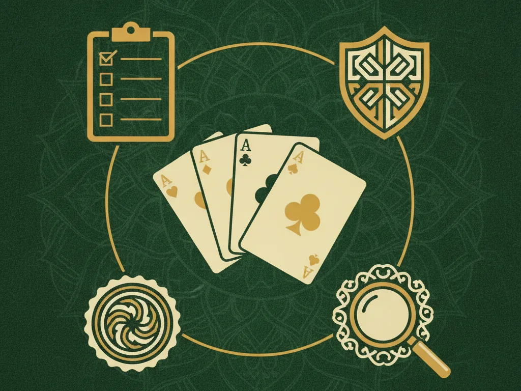 A golden checklist, certificate seal, shield and magnifying glass around playing cards on green felt, representing how a rummy app is evaluated for safety