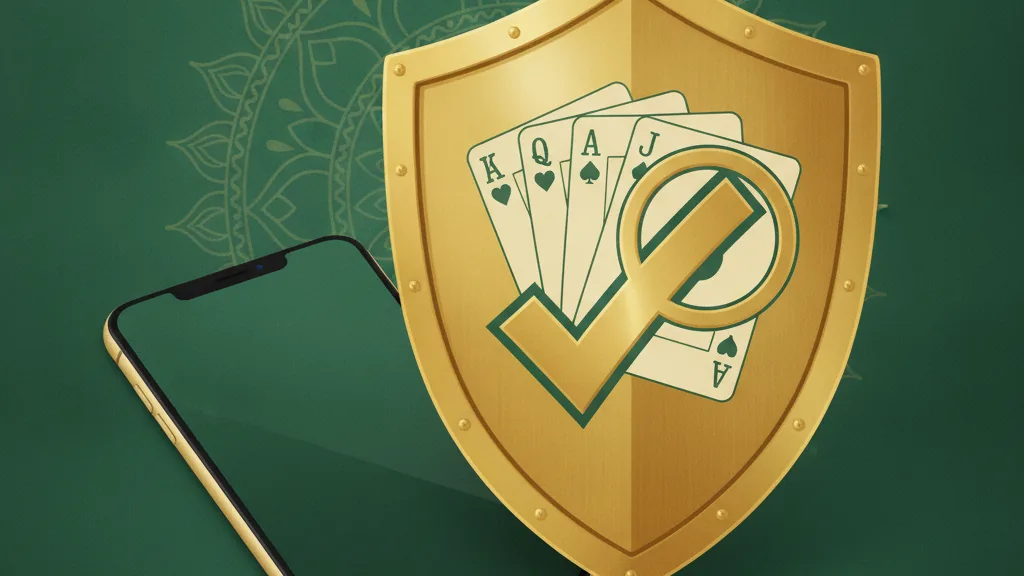 A smartphone beside a large golden security shield with a check mark and a magnifying glass examining playing cards on green felt