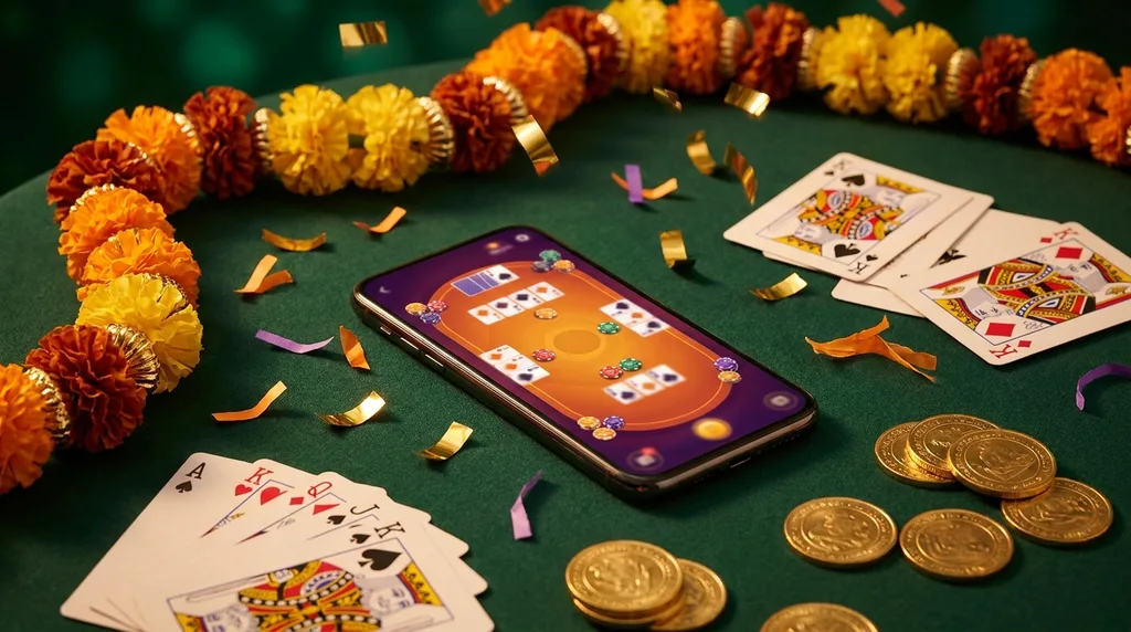 A smartphone on green felt showing an orange and purple rummy table amid confetti, a marigold garland, fanned cards and golden coins