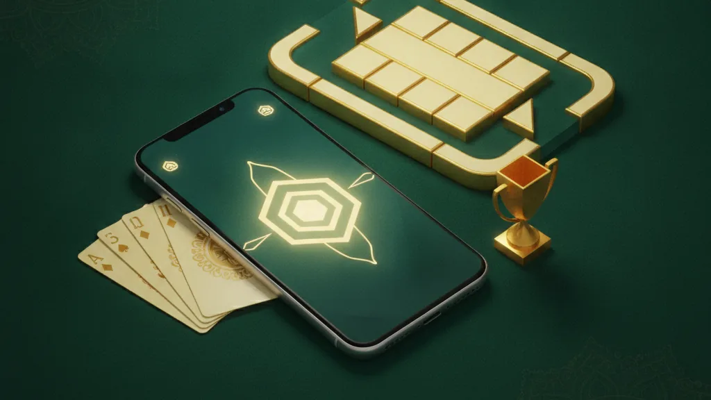 A smartphone showing a polished 13-card rummy table on green felt beside a golden trophy and playing cards, illustrating a Junglee Rummy review