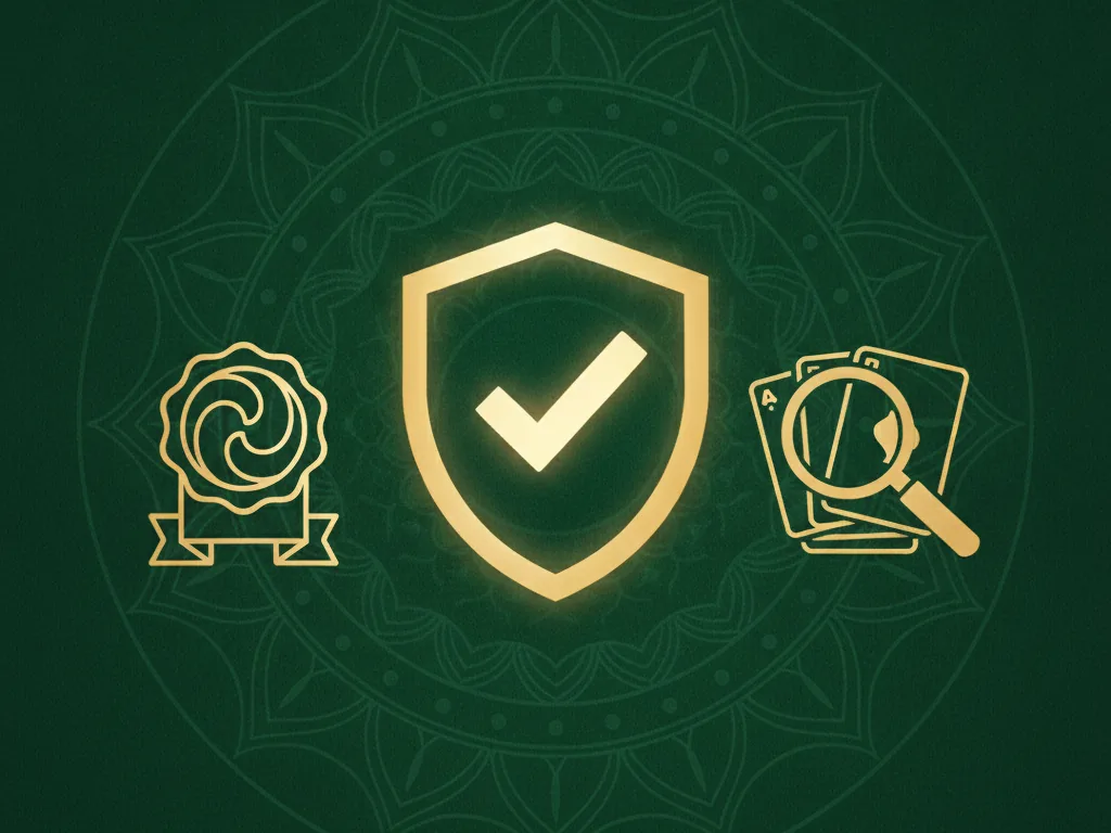 A golden shield with a check mark, a certificate seal and a magnifying glass over playing cards on green felt, representing trust and certification for a rummy platform