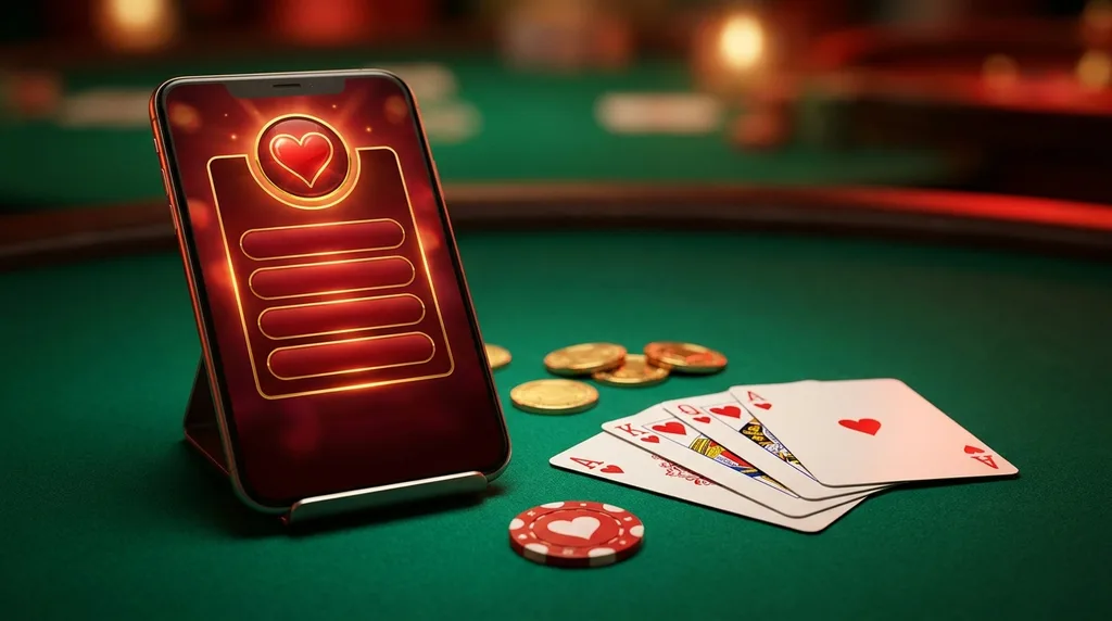 A smartphone on green felt showing a red and gold rummy lobby with a heart emblem, beside the ace, king and queen of hearts and a heart-shaped chip