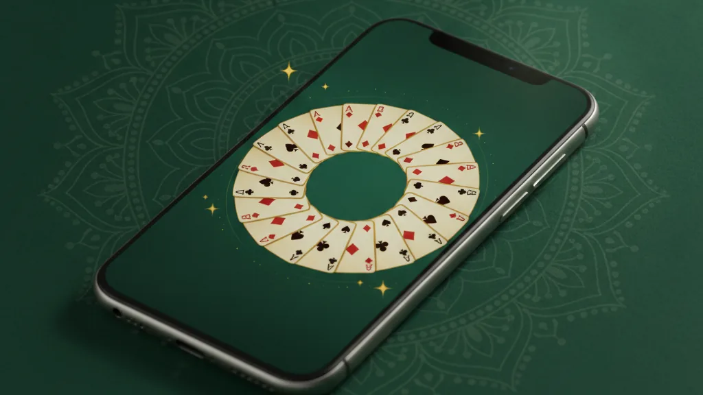 A smartphone showing a 13-card rummy table on green felt with small golden sparkle accents suggesting newly launched rummy apps