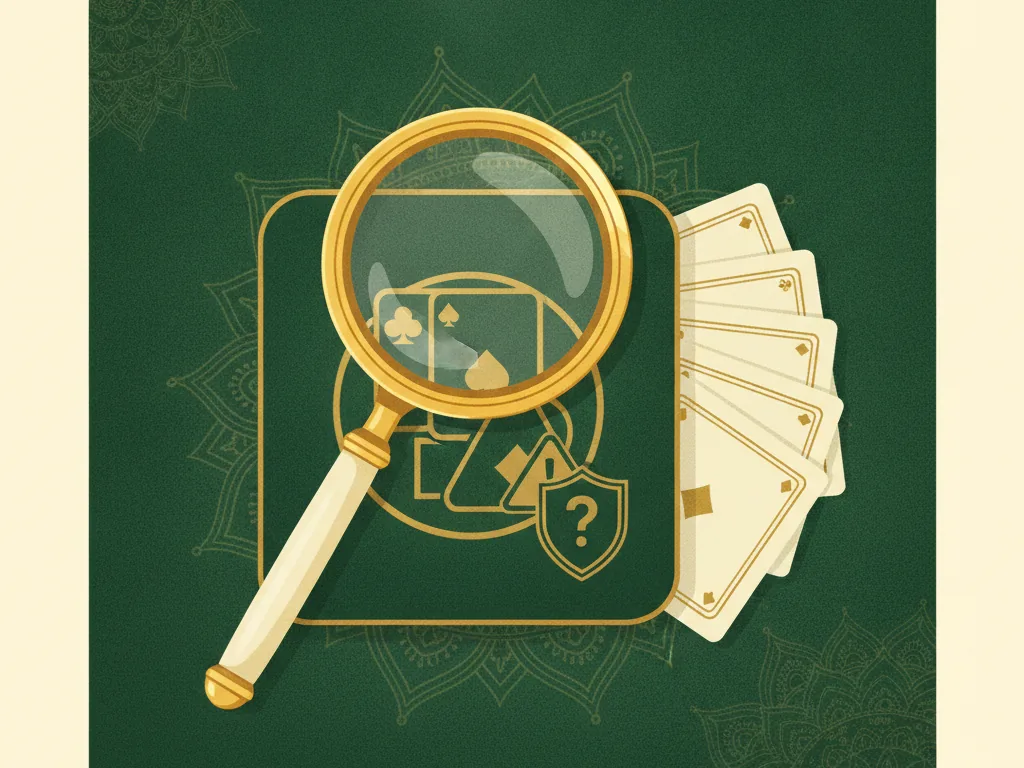 A magnifying glass examining a new app tile with a caution badge and a security shield beside playing cards on green felt, representing vetting a new rummy app