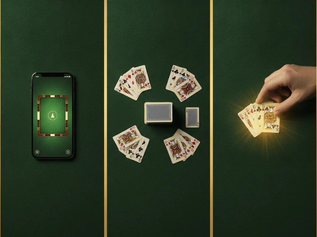 Three steps to play Rummy online free: step one open the browser game, step two start a 2 to 4 player table against the computer, step three draw cards, make melds and win — shown as three panels