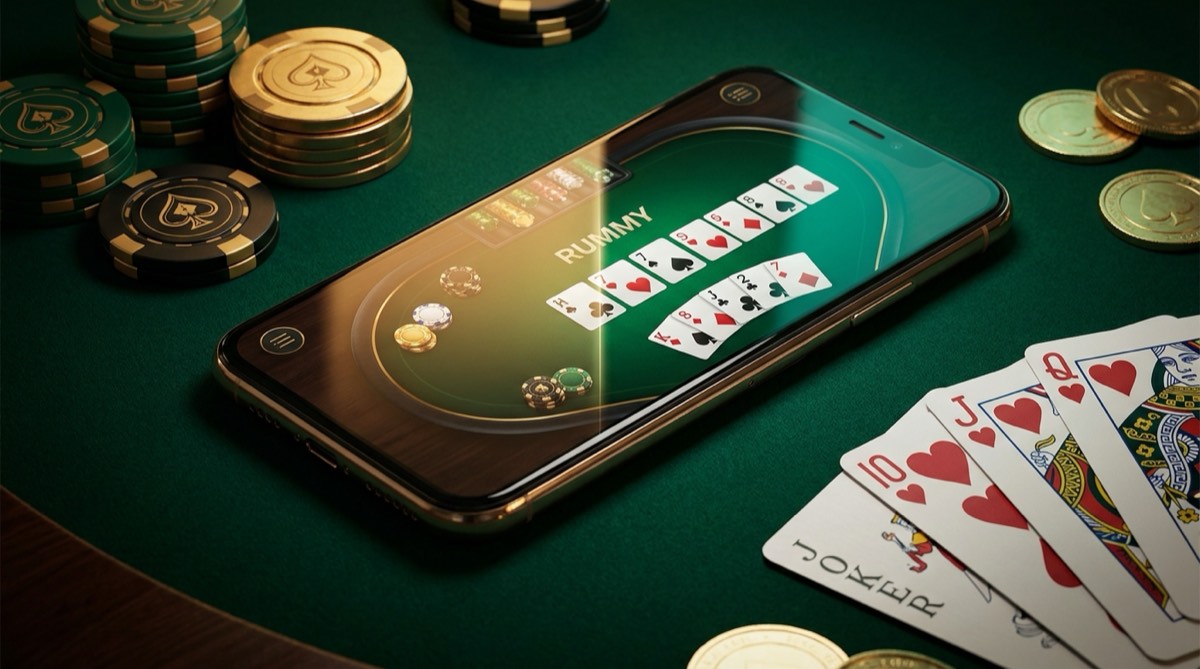 A smartphone on green felt flanked by poker chips on one side and a fanned rummy run of cards on the other, blending poker and rummy