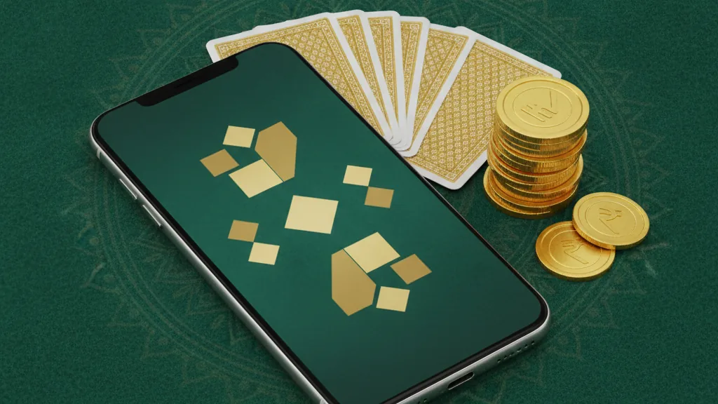 A smartphone showing a 13-card rummy table on green felt beside a stack of golden coins, illustrating real cash rummy played for money