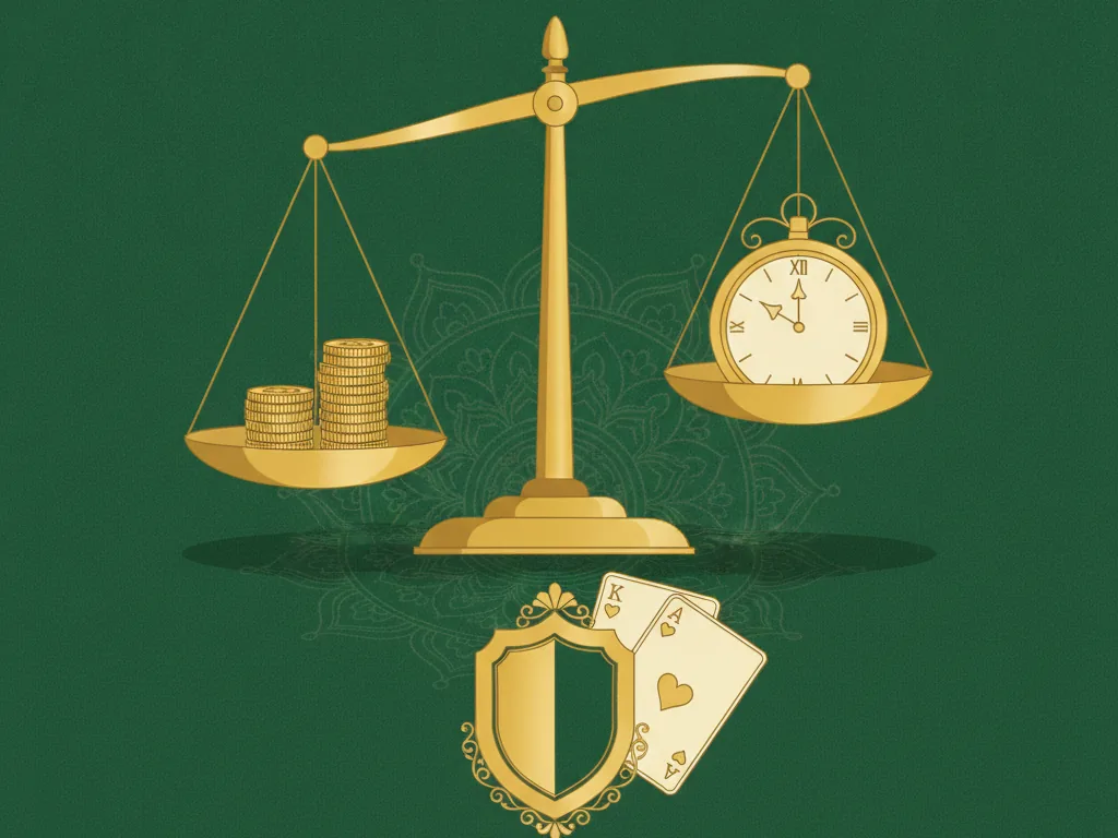 A golden balance scale weighing coins against a clock with a shield and playing cards on green felt, representing playing cash rummy responsibly within a budget