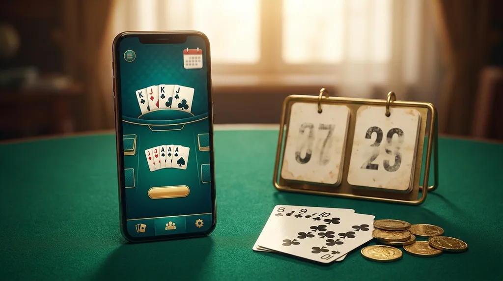 A smartphone on green felt showing a teal and gold rummy lobby with a calendar icon, beside a brass flip-calendar, a club run of cards and coins