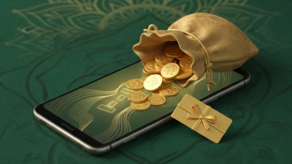 A smartphone showing a rummy table on green felt with golden coins spilling from a small pouch, illustrating a rummy sign-up bonus