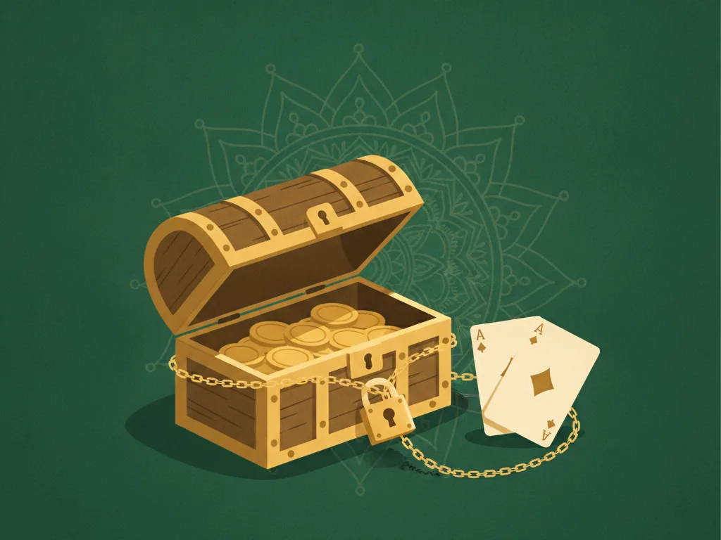 A half-open golden treasure chest with coins wrapped by a chain and padlock on green felt, symbolising bonus money locked behind wagering conditions