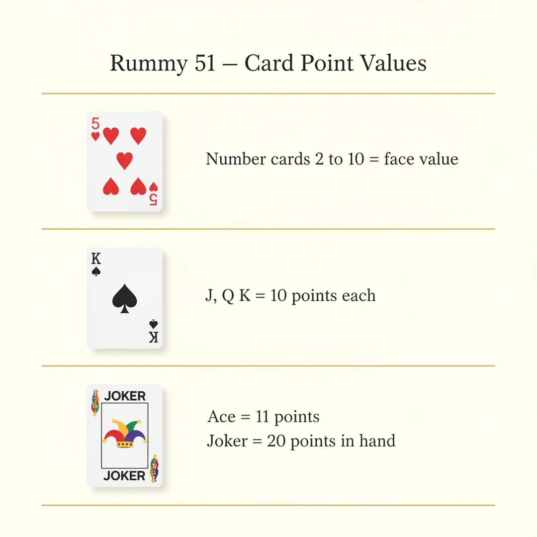 Rummy 51 card point values chart: number cards equal face value, J Q K equal 10, Ace equals 11, Joker equals 20 in hand