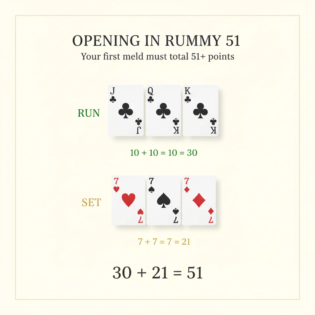 Rummy 51 opening example: a run of Jack, Queen, King of clubs worth 30 points plus a set of three sevens worth 21 points, totalling 51