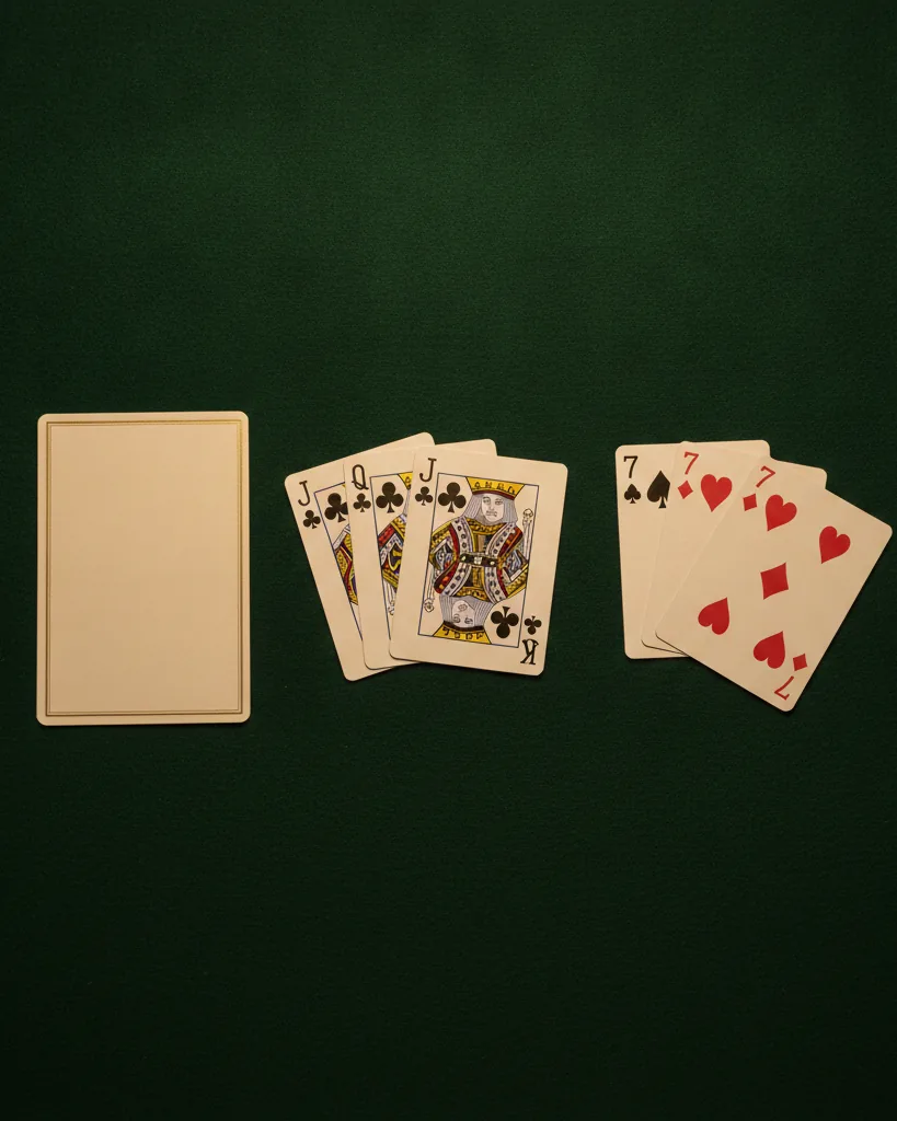 Printable Rummy 51 rules cheat sheet card showing the 51-point opening rule, card point values, sets and runs, joker rule and a sample J-Q-K plus three sevens opening meld on a cream rules card