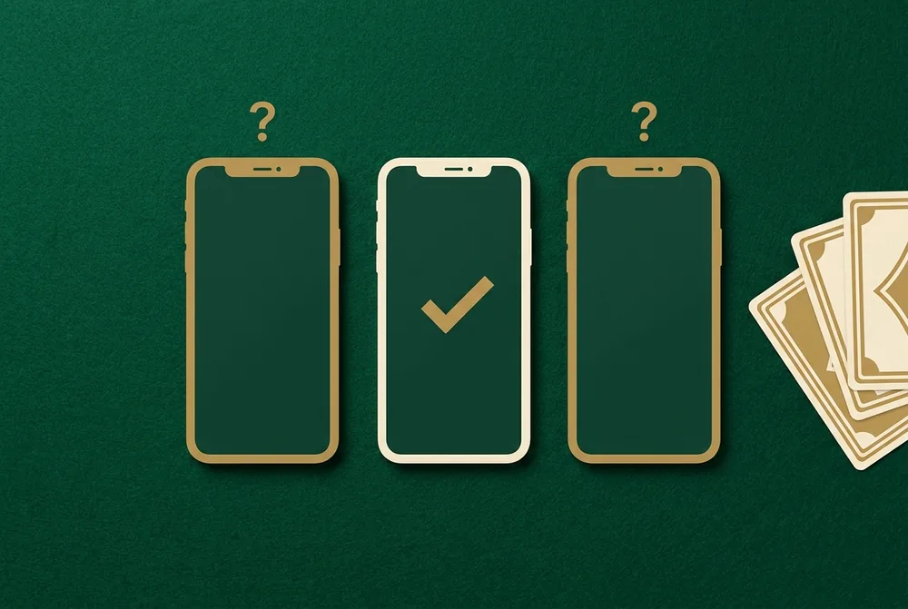 Three similar smartphone app icons compared, one marked with a gold checkmark and others with question marks, on green felt