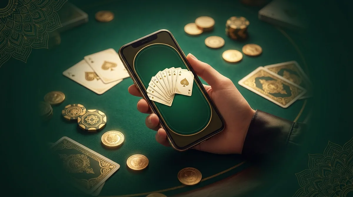 A hand holding a smartphone showing a 13-card rummy game over a green felt table with gold coins and playing cards