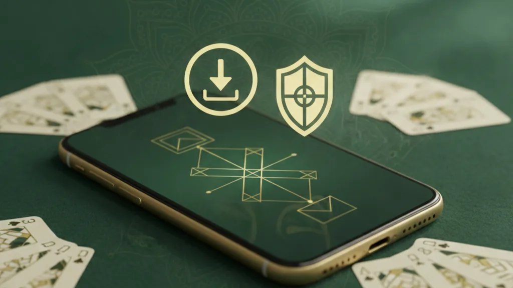 A smartphone showing a rummy table on green felt with a golden download arrow and a security shield, illustrating a safe rummy APK download
