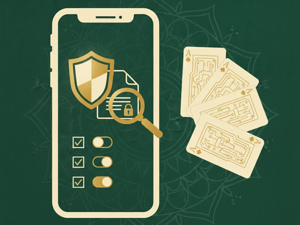 A golden security shield, a magnifying glass scanning a file, and a permissions checklist beside playing cards on green felt