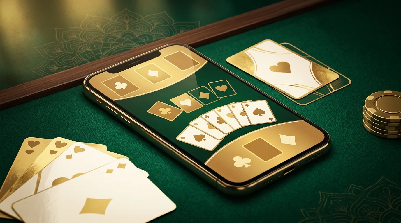 A smartphone showing a gold-accented 13-card rummy table on green felt with playing cards, illustrating the Rummy Gold app